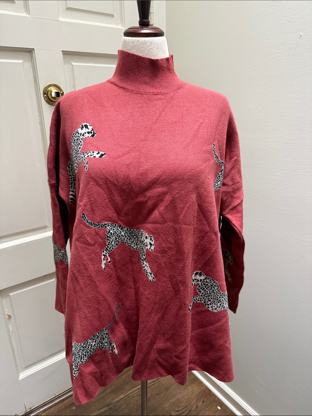 entro Rust colored  Mock-Neck Sweater with Black-and-White Leopard Motif